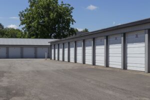 Image of rows of garage doors in a commercial lot